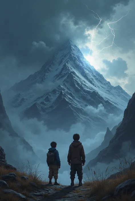 There must be thunder near the mountain and 2 boys are standing not far from the mountain