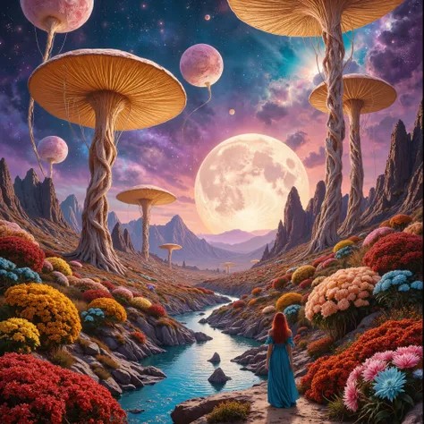 The image is a breathtakingly surreal and vividly detailed alien landscape, seemingly inspired by science fiction and psychedelic fantasy art. The composition is filled with otherworldly flora, a dreamlike celestial sky, and a lone traveler immersed in the...