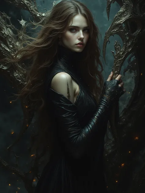 a brown-haired woman in a black dress, the most beautiful female death in the world, holding a scythe with the letters "EM" engraved on it, dark fantasy, gothic, dramatic lighting, cinematic, detailed portrait, chiaroscuro, dramatic pose, intricate clothin...