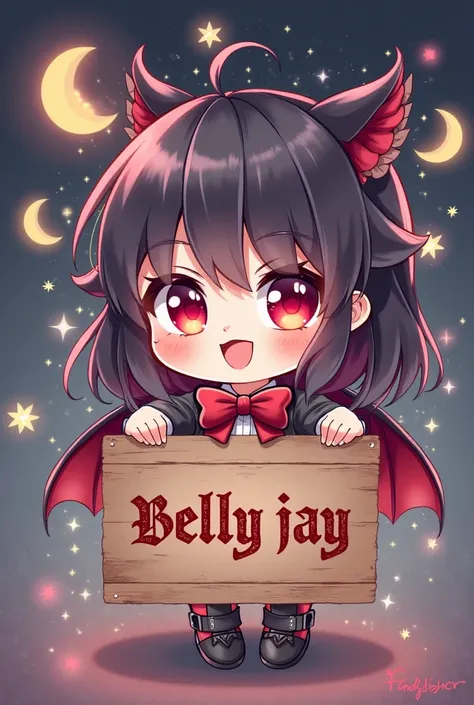 1girl, chibi style, vampire girl, red eyes, vampire fangs, bow tie on head, happy face, holding fansign with text "BELLY JAY", text font style medieval, sparkling star and moon background