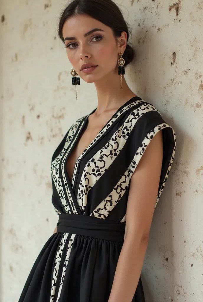 Make a woman wear a bvlgari style black and white textile dress