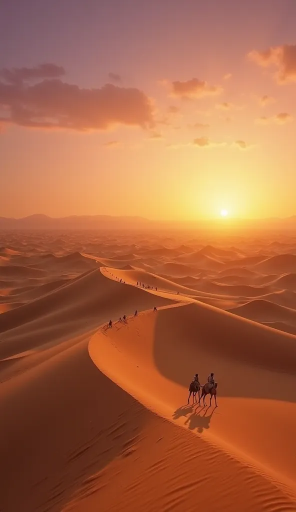  Vast Desert Scenery . The golden sand dunes overlap in layers , Beautiful wave patterns created by the wind.  sunset over the horizon ,  The sky is dyed in a gradation of orange ,  pink, Purple and. Camel caravans are drawing silhouettes against the sky, ...