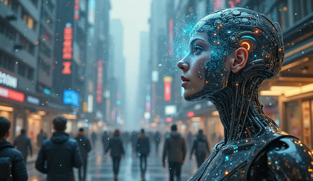 "A breathtaking futuristic city where humans and AI coexist. People with cybernetic implants walk among advanced AI robots. A human with glowing neural implants in their head interfaces with a floating digital screen, symbolizing the merging of biological ...