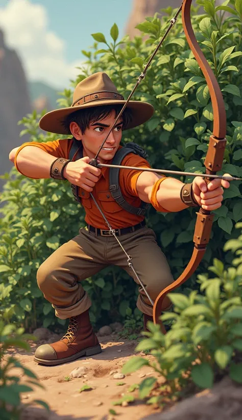 A hunter WITH A HAT AND ORANGE SHIRT in a rugged brown outfit crouches behind some thick bushes, aiming a bow and arrow . His face is tense and focused, his grip firm on the bowstring.3D CARTOON