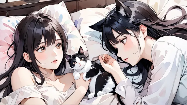 Dark-haired beauty ,  cute cat, Looking at each other,Watercolor style ,  soft color, Subtle and dynamic texture , lying in bed,Contrast, 2.5D, very detailed,  absolute solution , best quality