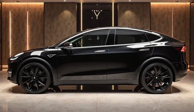 Tesla model y 2025 painted Black colour at luxury showroom full side view 