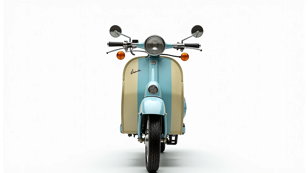 "A classic vintage-style motorcycle viewed from the front. The bike has a retro sky-blue and cream color scheme with a step-through frame. The round headlamp is centrally positioned, with two orange turn signals symmetrically placed on either side. The sli...