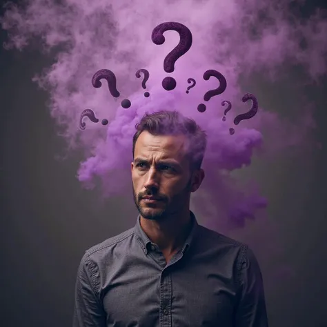 I need the artistically reproduced color image of a pensive man, with the appearance of being deeply intrigued by some mystery, artistically reproduced with a violet vapor background and several question marks and exclamation marks in the air around your h...