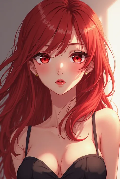 Young woman with long red hair and crimson eyes, beautiful,  elegant, Cuan Carmín lips, big breasts and anime version