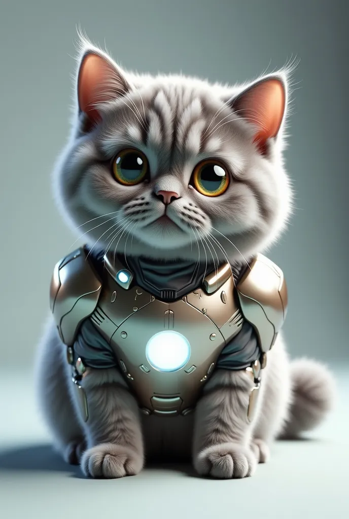  wearing an Iron Man suit for cats {x} gray soft-haired cat, green eye,   pupils open , Has a short limb,Short-legged cat