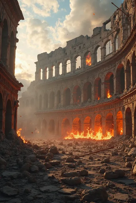 First-person shot of the Colosseum partially collapsing, wooden scaffolding burning, smoke filling the arena. The ground is littered with debris, and distant screams echo through the ruins ultra realistic