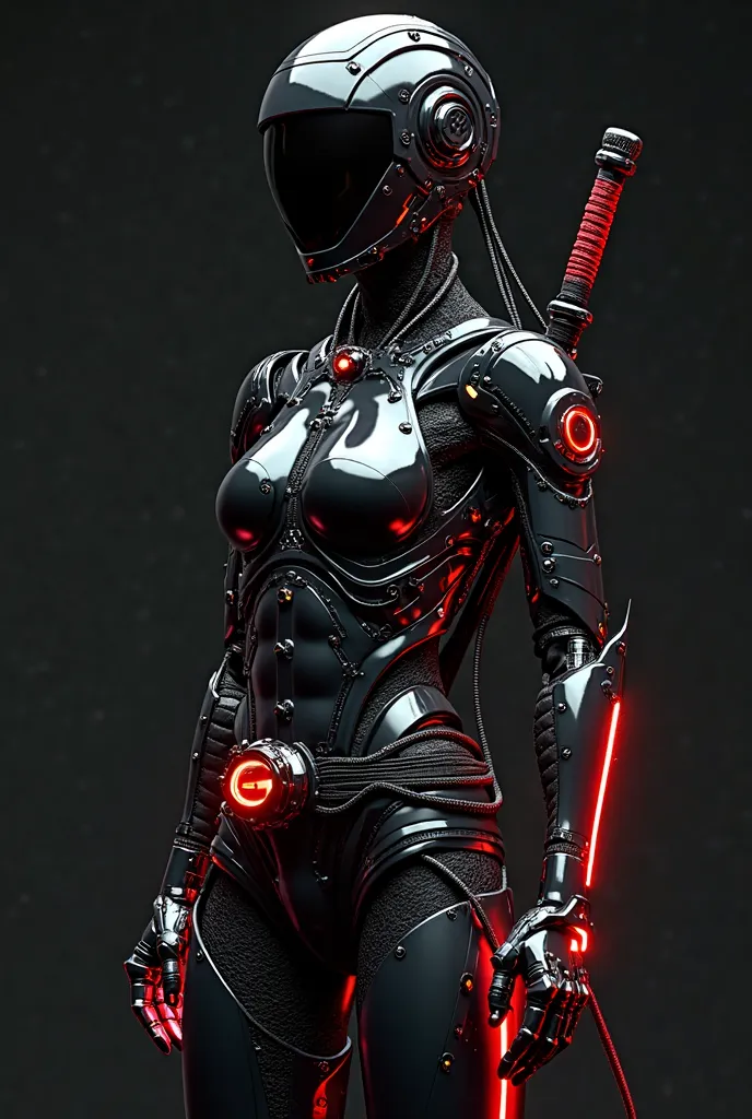 A futuristic female cybernetic samurai warrior, wearing a sleek, glossy black exoskeleton armor with intricate mechanical details and riveted joints. The armor is highly polished, reflecting subtle ambient light, with red neon-like accents running along th...