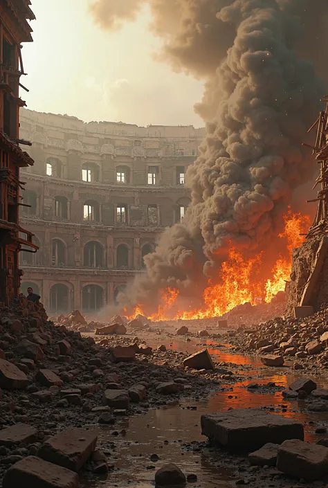 First-person shot of the Colosseum partially collapsing, wooden scaffolding burning, smoke filling the arena. The ground is littered with debris, and distant screams echo through the ruins ultra realistic