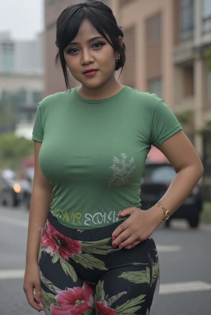 Milf,Big saggy breast,indonesian,Green sweatty tight T-shirt,tight flower print yoga pants,Jakarta  downtown background,vertical earring,Blunt bang hair,gold bracelet,((Realism)),long red nail,low bun hairstyle,Gaze on front,curvy figure,plump,Skindentatio...