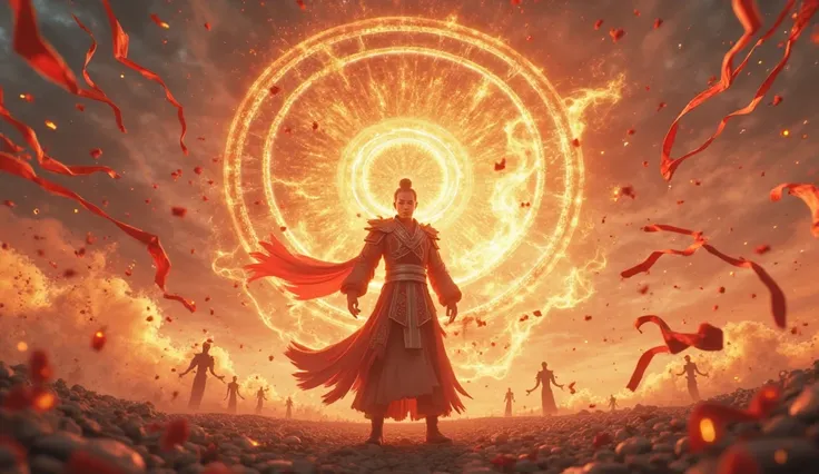 A stunning cinematic scene inspired by the movie Nezha 2, featuring a powerful and dynamic depiction of Nezha, the legendary figure from Chinese mythology. He stands in the center, radiating energy, with flaming red ribbons swirling around him, symbolizing...