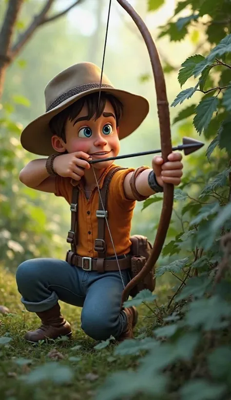 A hunter WITH A HAT AND ORANGE SHIRT AND BLUE PANT in a rugged brown outfit crouches behind some thick bushes, aiming a bow and arrow . His face is tense and focused, his grip firm on the bowstring.3D CARTOON