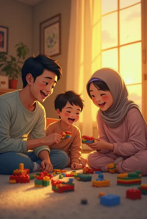 In the night asian young family, playing lego toys together. Background in living room The talent is father eating rectangle snack into mouth, mother wearing hijab & daughter wearing pijama, their smiling face, yellow Tonality, scenery sunset