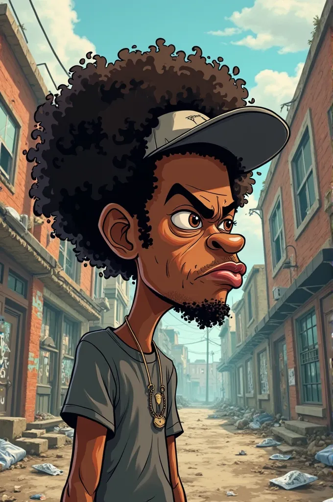 Cartoon of ghetto afro man frowning at someone sideview