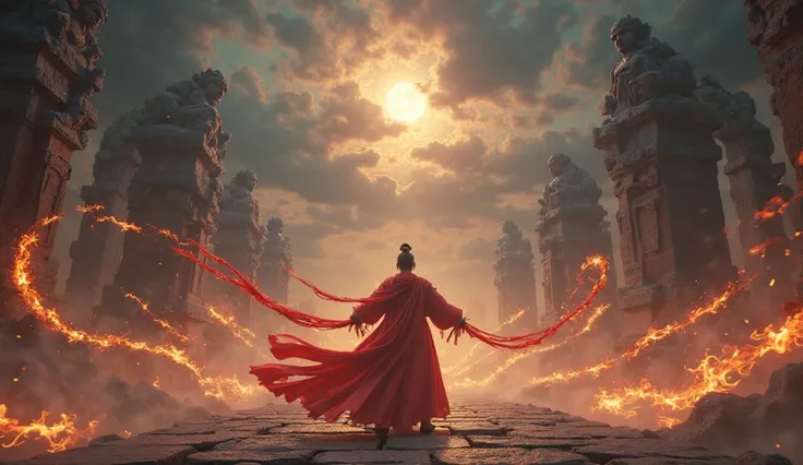 A breathtaking cinematic scene inspired by Nezha 2, set in an ancient ruined temple, where Nezha stands atop a crumbling stone platform. His flaming red ribbons flow wildly in the wind, and his fire wheels hover just above the ground, radiating a golden gl...