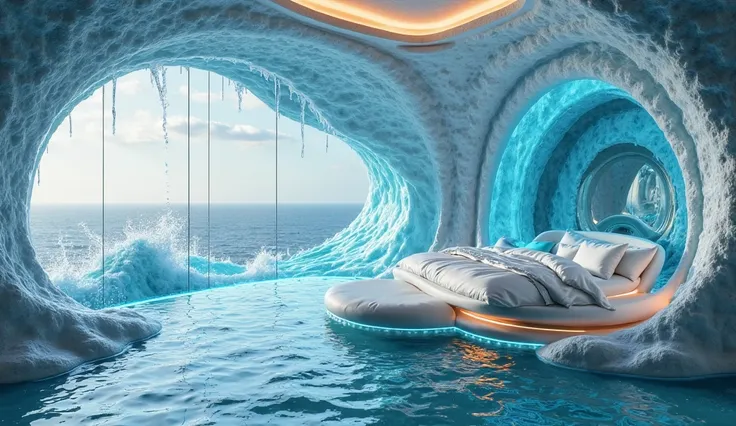 The innovative bedroom at apartment, inspired by “Scintillating Splashing Sea Wave Rolling,” captures the dazzling energy of ocean waves in motion. The design features fluid, wave-like architecture with shimmering surfaces that reflect light, creating a dy...