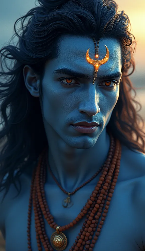 A hyper-realistic close-up portrait of a 26-year-old Lord Shiva, blending divine energy with an irresistibly charming and romantic aura. He has sharp, well-defined features, including a strong jawline, high cheekbones, and intense, expressive eyes that glo...