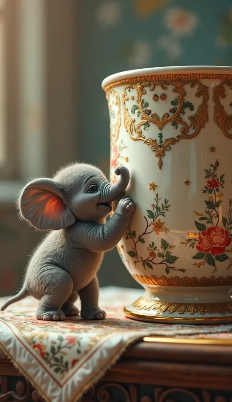 Un elephanteau joue dans une tasse de café mega geante. Cute Animal, tasse geante tres belle et tres bien décorée.  Decor cinématographique. Chef d'oeuvre parfait HD. Hyperealiste 