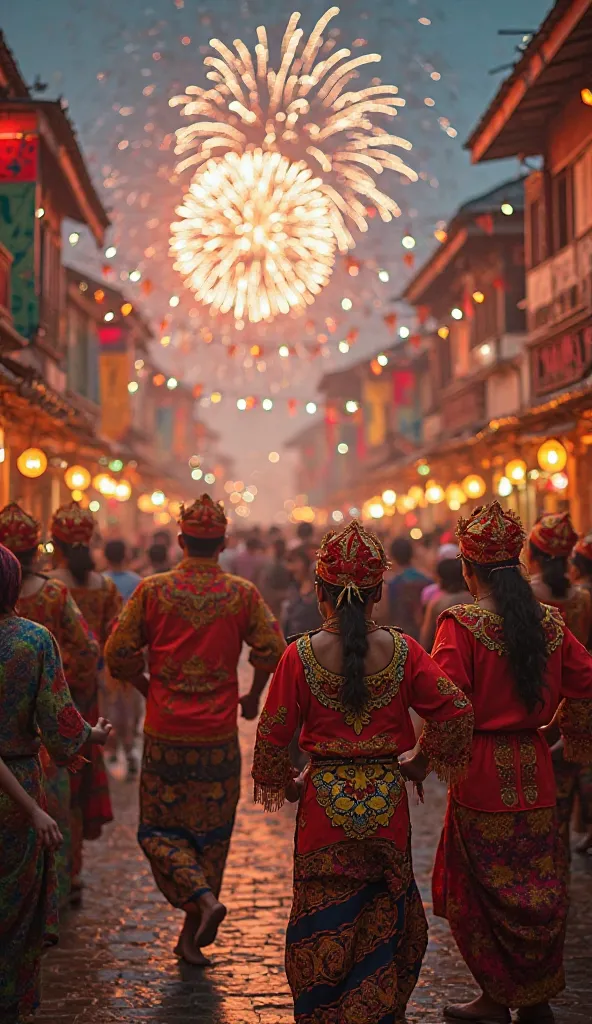 A lively Indonesian festival with people wearing traditional costumes, colorful decorations, dancers performing in the streets, and fireworks lighting up the night sky