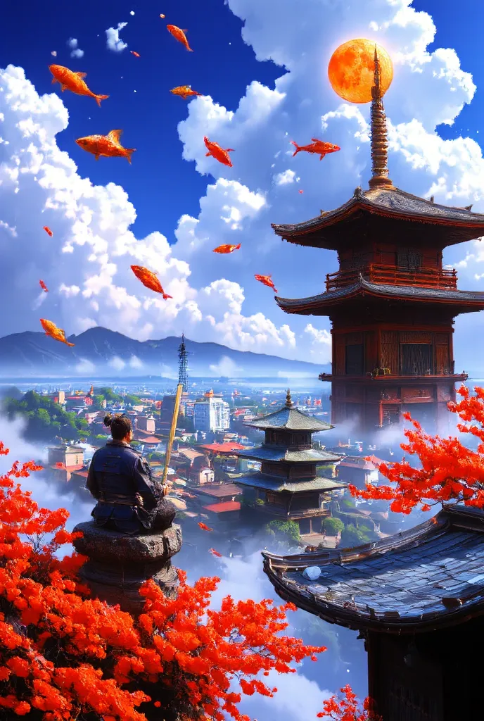 "A floating city of Kyoto, suspended in the clouds, infused with Monet’s glowing impressionistic colors, blended with Dalí’s surrealist floating structures. The iconic red pagodas stretch skyward in Van Gogh’s swirling motion, their roofs slightly twisting...