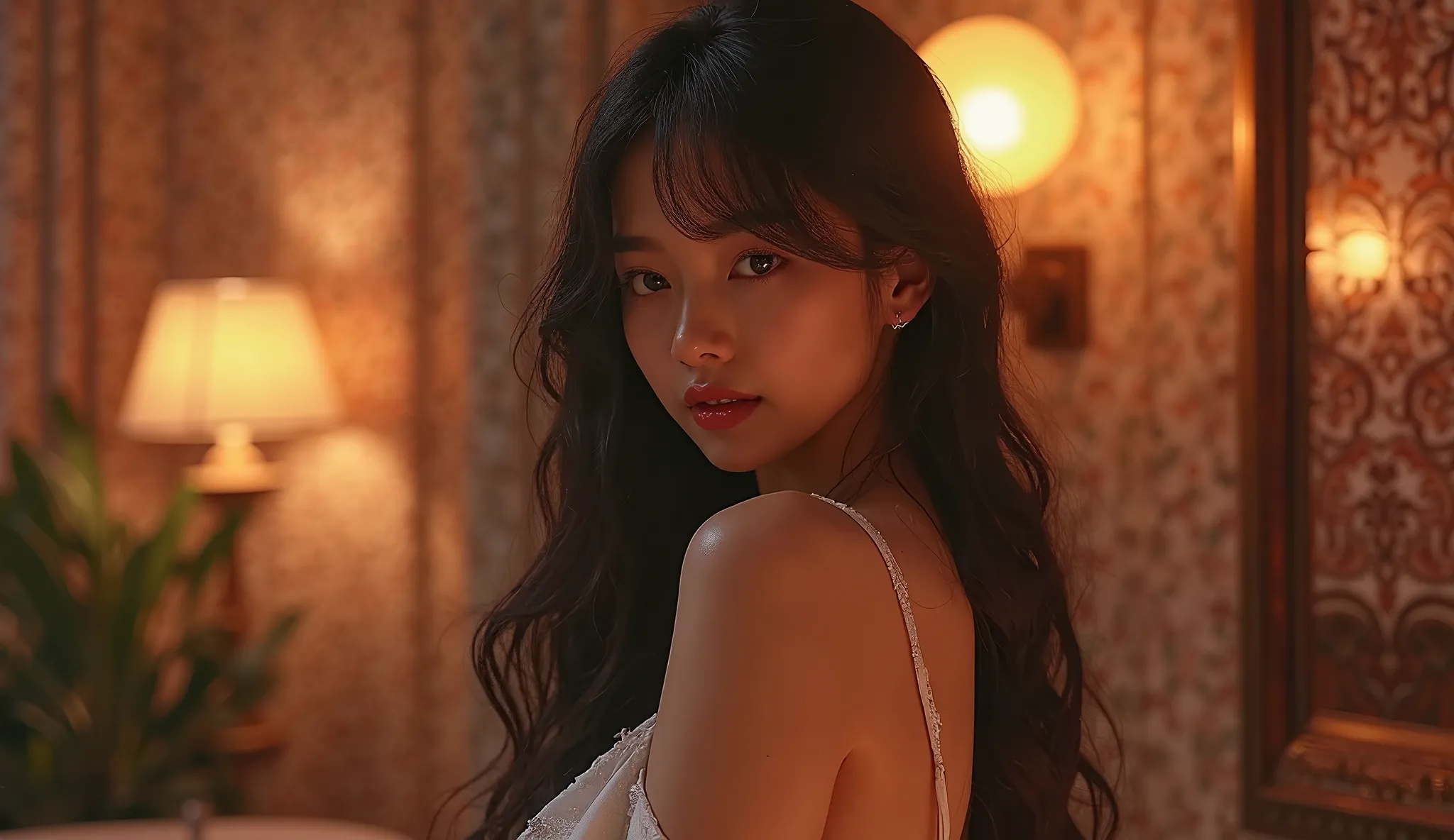 dim lights,Creates an image of a K-pop idol girl, white t-shirt,Her long, silky soft hair covers her face, Big boobs , clean skin,beautiful eyes,Smart nose,sexy body,Transcendental beauty,Round sexy hips , mature woman,  tight white dress on the hips ,,She...