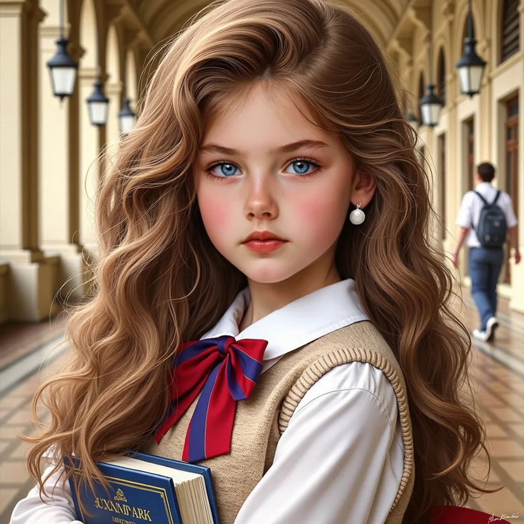 retrato, realistic illustration in oil.  realistic image, photography, aesthetics.  detailed image. luxury environment, elegance,  high standard .  Diagonal view ,  Diagonal focus .  Pose half profile . change of face. she is a girl , innocent face, beauti...