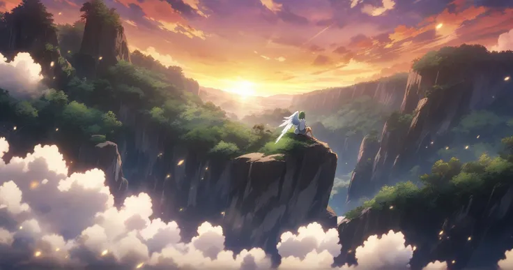 Sunset　Valley　cliff　nature　Long feathered angel with green hair　Anime anime keyvisual, Alone, full body shot, from behind, flying,