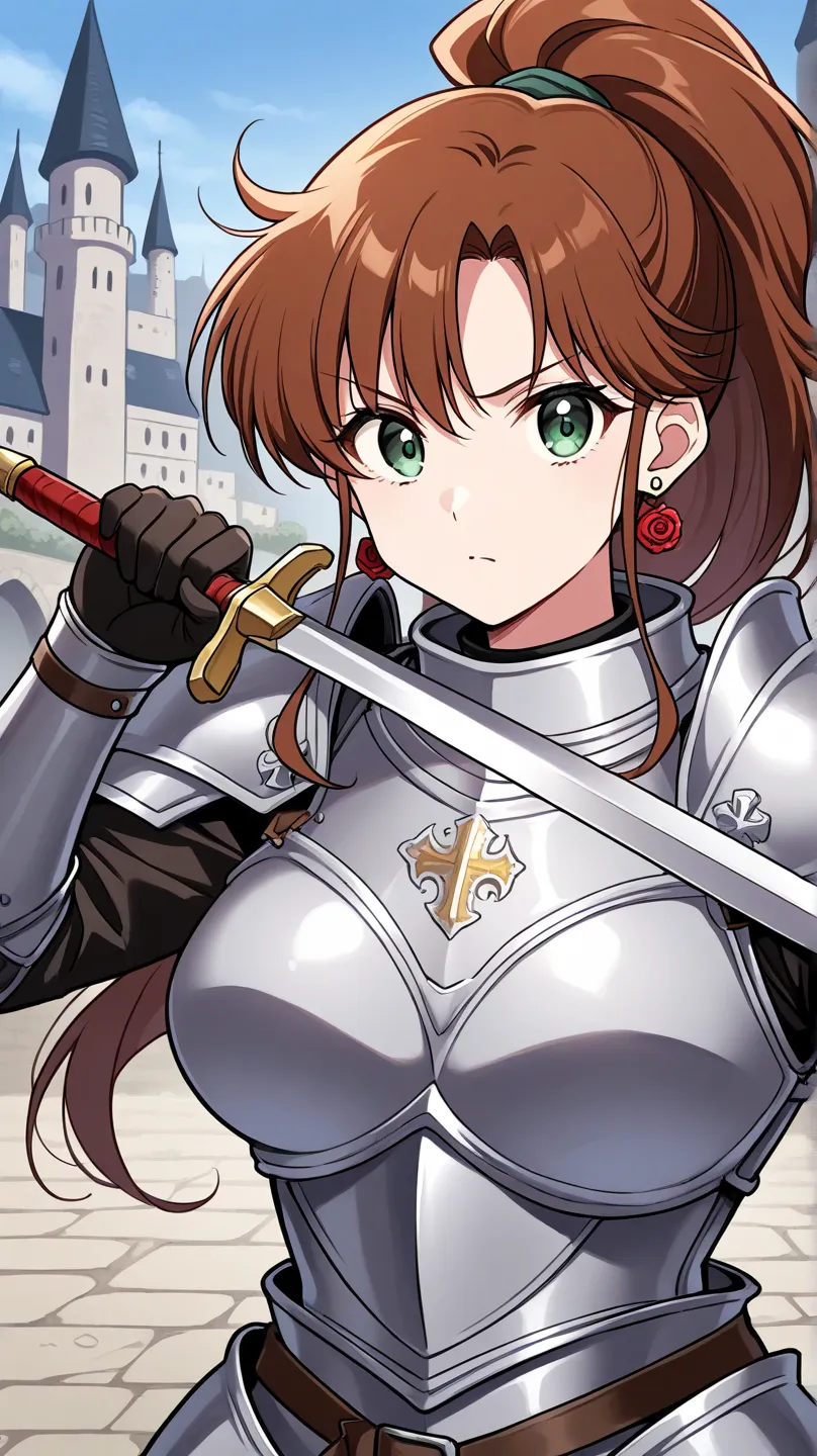 1 girl, obra maestra, mejor calidad, SERIOUS FACE, LONg hair, Brown hair, green eyes, ponytail hairstyle, medium boobs, rose earrings, red earrngs, hair accessory, Kino Makoto, CASTLE BACKGROUND, KNIGHT ARmOr, MEDIEVAL ARMOR, SILVEr ARMOR, WIELDINg SWOrd, ...