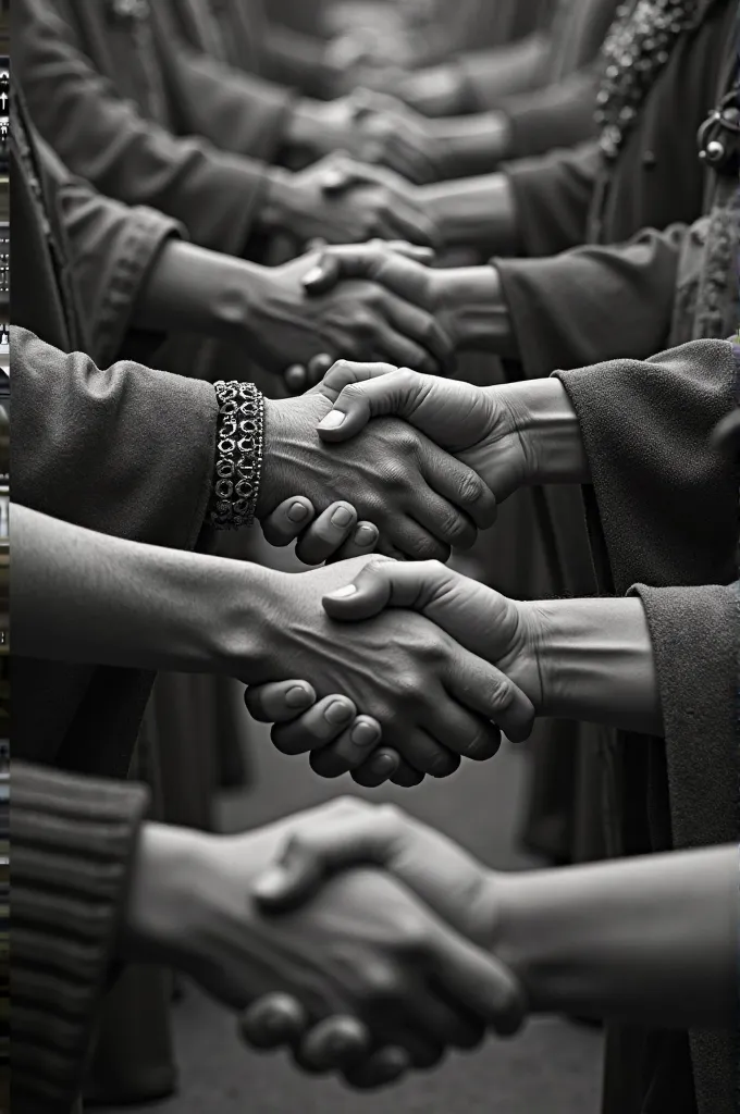 Visual: Black-and-white images of ancient handshakes, then fast transition to modern handshakes