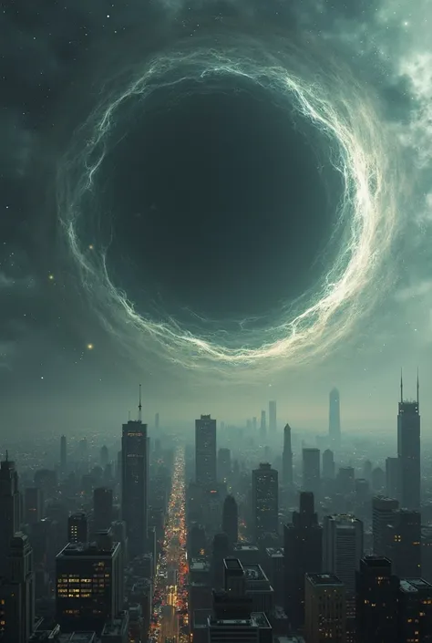 Above the bustling city skyline, a dark void looms ominously—a black hole, its gravitational pull distorting the light and casting an eerie glow over the urban landscape. The city lives in its shadow, a constant reminder of the universe's unfathomable powe...