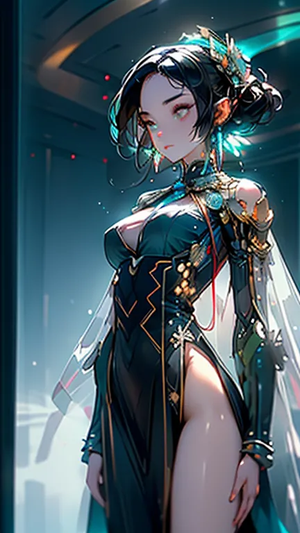 woman with rainbow-colored hair and detailed teal dress armor,standing with different breasts,intricate details,perfect face,1girl,fantasy,digital art,highly detailed,masterpiece,ultra-realistic,4k,8k,photorealistic,realistic,dramatic lighting,volumetric l...