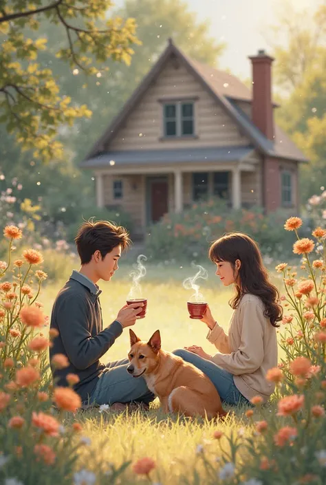 A picture of two people and a dog drinking tea in front of a house with milkweed