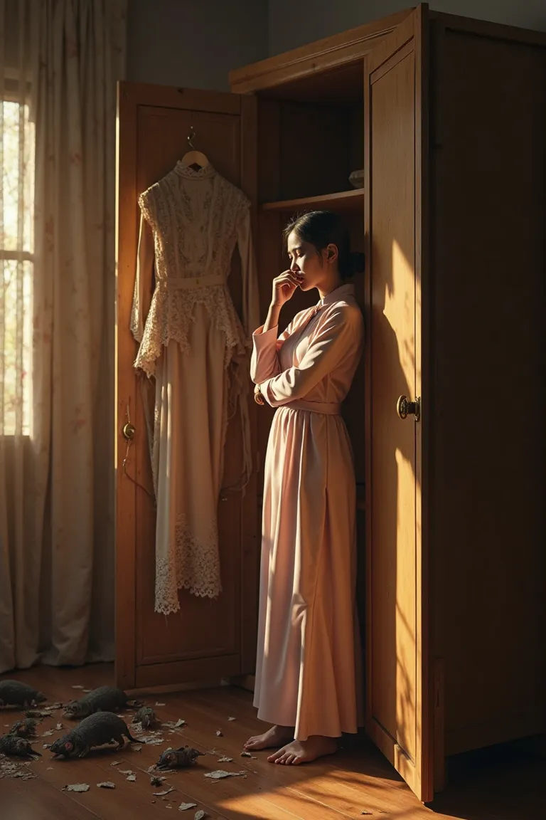 A hyper-realistic digital photograph of a young Malay woman in her late 20s, wearing a soft pastel baju kurung, standing heartbroken in front of an open wooden wardrobe. Tears well up in her eyes, her lips quivering as she covers her mouth with one trembli...