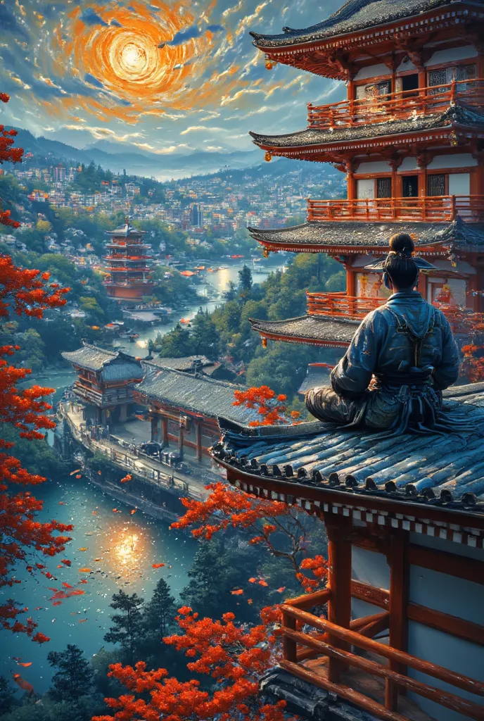 "A floating city of Kyoto, suspended in the clouds, infused with Monet’s glowing impressionistic colors, blended with Dalí’s surrealist floating structures. The iconic red pagodas stretch skyward in Van Gogh’s swirling motion, their roofs slightly twisting...