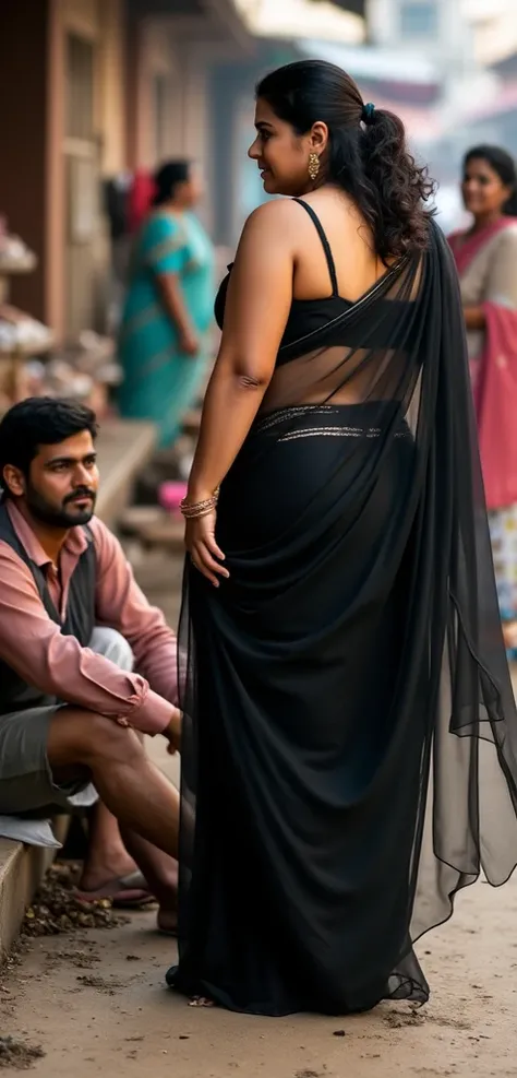 Side view photo of a cobbler sitting on the ground. Bollywood actress chubby bulky figured Kajol standing in front of him in a tight deep neck blouse and black transparent saree. Kajol is lifting her saree and revealing her thick fat legs to the cobbler wh...