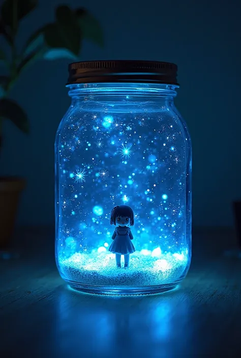 there is a glass jar with a little figurine inside of it, a hologram by Yuumei, tumblr, magical realism, dreamscape in a jar, beautiful kawaii lighting, with blue light inside, galaxy in a bottle, romantic light, glowing jar, filled with bioluminescence, g...