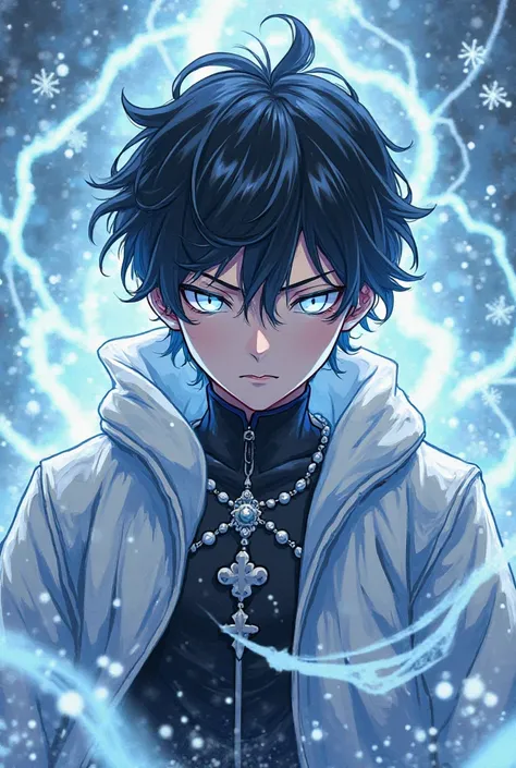 Anime character art with black hair and snow-white eyes. He must be Greek, A demigod son of Boreas.