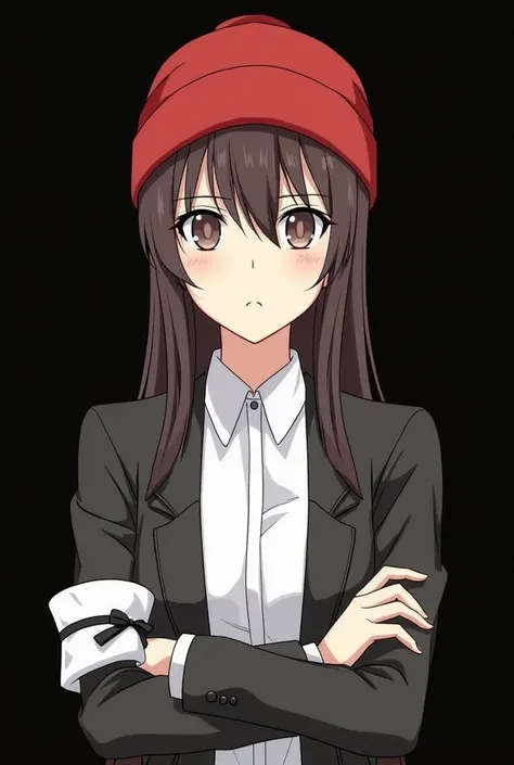 Female anime characters long dark brown hair with bangs on their faces, red headless beanie hat with only collar, white shirt and black jacket with black tie on the left arm that has a white cloth wrapped, lenses over the hat, crossed arms and a black back...