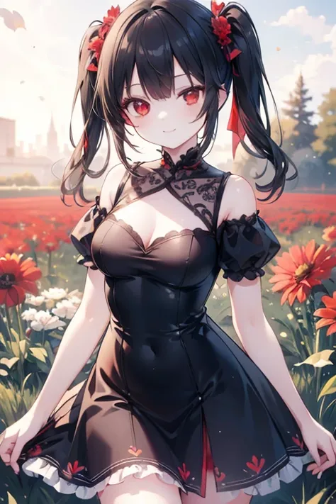 masterpiece、Highest quality、Ultra-high resolution、age girl、twin tail hairstyle、black hair、Red face、shyly、smile 、Ruffled One-Piece Dress、lawn field in the background、daytime
,(masterpiece: 1.2), Best Quality, High resolution, Unity 8k Wallpaper, (Illustrati...