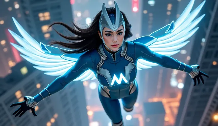 A highly realistic and cinematic full-body portrait of a superhero named Merpati, soaring above a futuristic cityscape at night. She wears a sleek, modern, and futuristic superhero suit that retains her signature colors: sky blue, white, and silver. Her co...