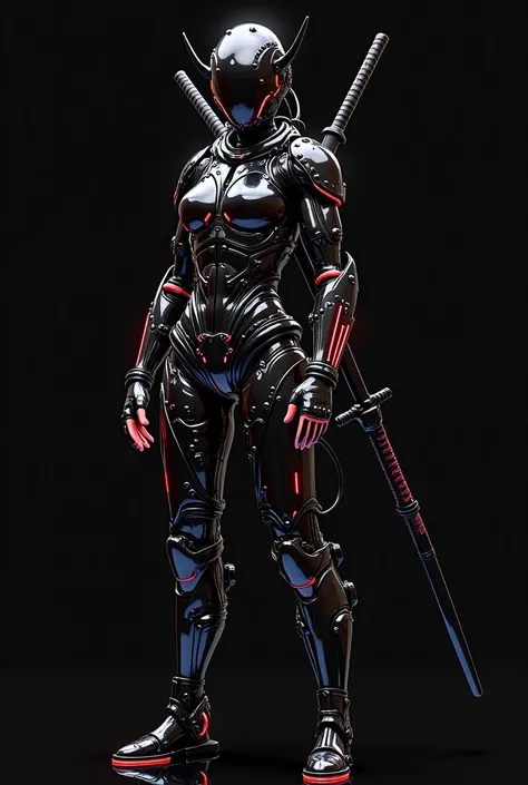 A futuristic female cybernetic samurai warrior, wearing a sleek, glossy black exoskeleton armor with intricate mechanical details and riveted joints. The armor is highly polished, reflecting subtle ambient light, with red neon-like accents running along th...