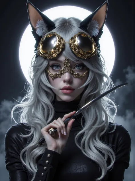  Masterpiece Best Night Full Moon 1 Female Mature Woman Older Sister Cold Face No Expression Silver White Long Hair Woman Pale Pink Lips Calm Intellectual Atmosphere 3 Grey Eyes Assassin's Dagger, flower, Hand Detail,  Finger Details ,(Cat ears、Wear gold d...