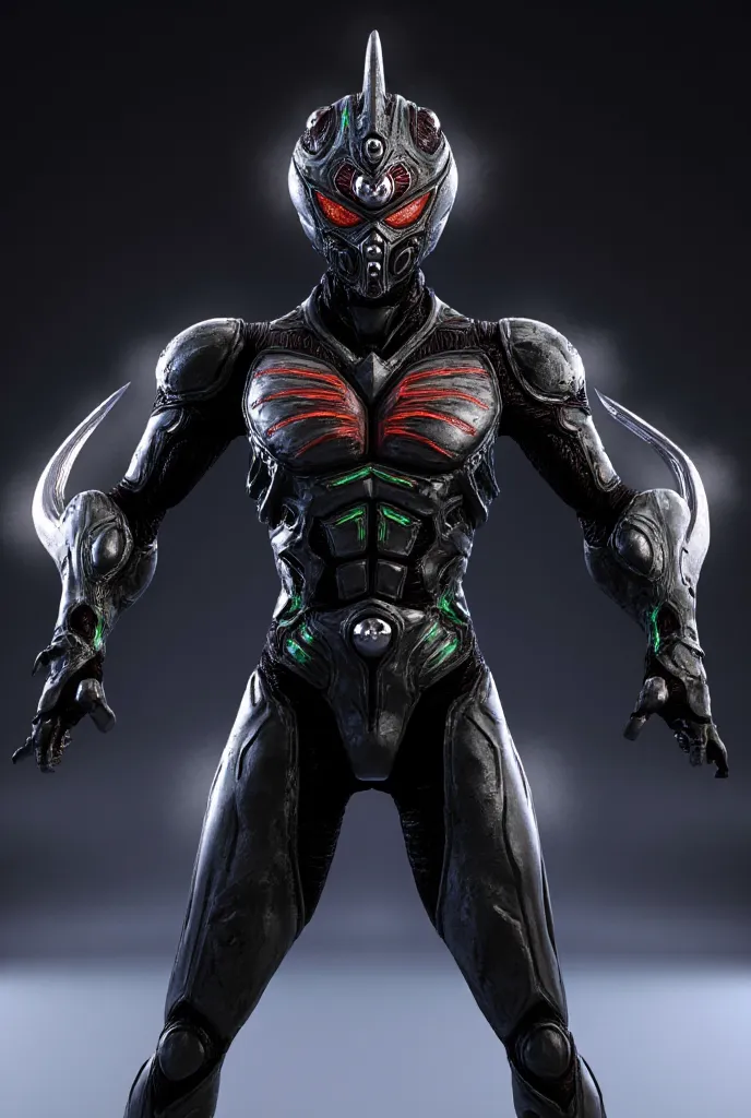 Physical Appearance:
	•	The suit is a terrifying blend of black, silver, and crimson, featuring glowing emerald accents.
	•	The head of the Guyver is sharper and more angular, similar to the Warrior Guyver 2’s crown-like helmet with sleek, battle-ready fea...