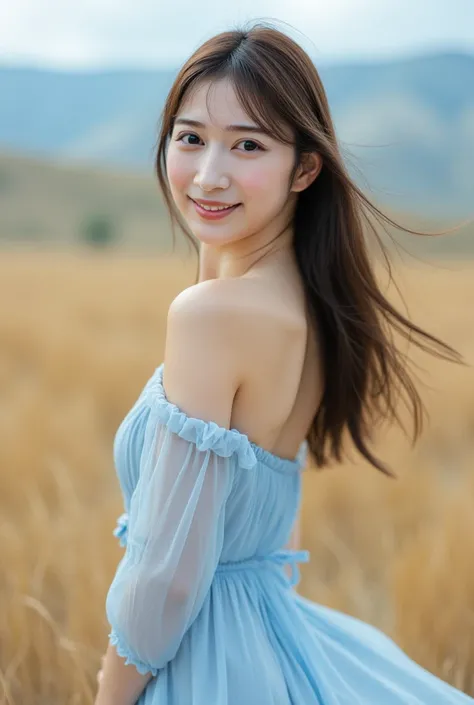 I want to create a wide angle image of a realistic Asian woman., Wear a light blue skirt dress, Smile brightly, Eye contact with camera ,  remote photo