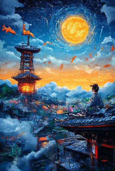 "A floating city of Kyoto, suspended in the clouds, infused with Monet’s glowing impressionistic colors, blended with Dalí’s surrealist floating structures. The iconic red pagodas stretch skyward in Van Gogh’s swirling motion, their roofs slightly twisting...