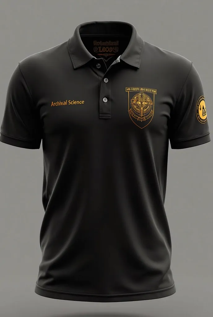 Create a designer of a black university polo shirt, with the name Archival Science on the back, with the Archival Science course logo on the left chest and the UEPB logo on the left sleeve 